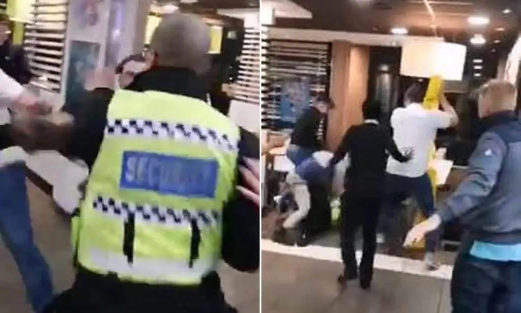 3 men & 1 security guard throw down in mcdonald's
