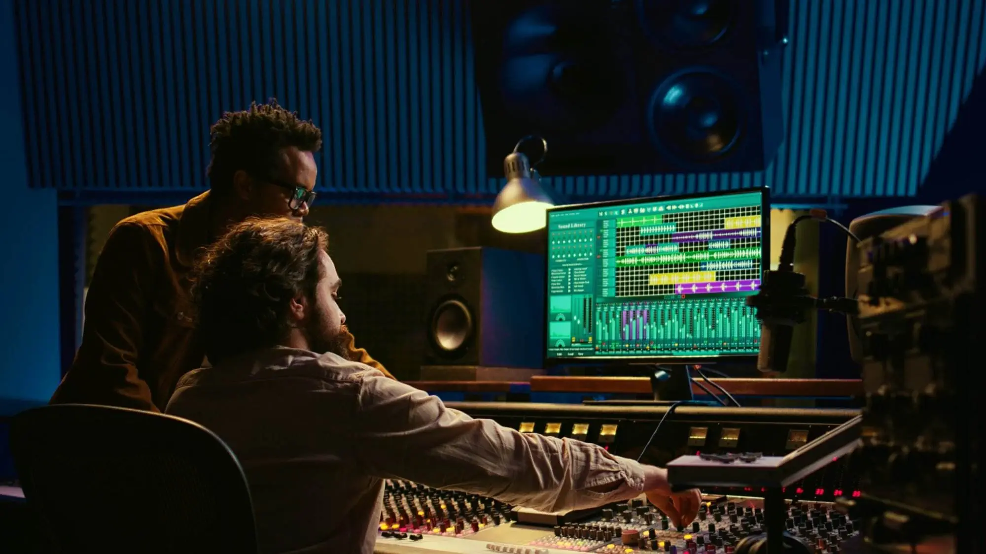 Two men sit in front of a soundboard and computer in their music studio. One man touches the soundboard.