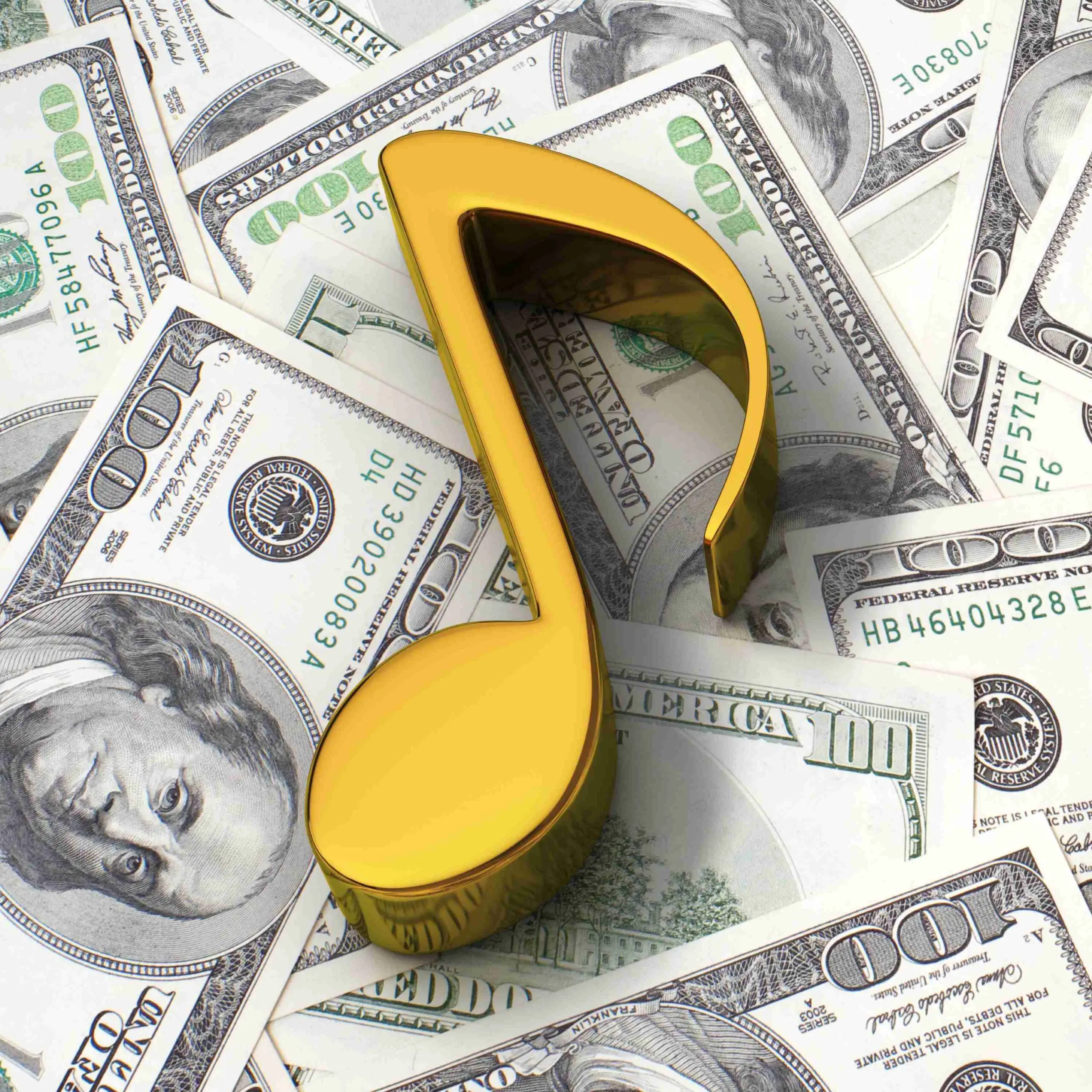 Large golden musical note sitting on top of a large pile of hundred dollar bills scattered around a large surface.