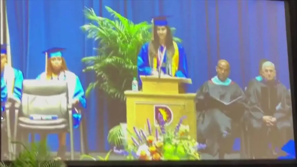 Valedictorian rooha hagher giving speech before mic gets muted
